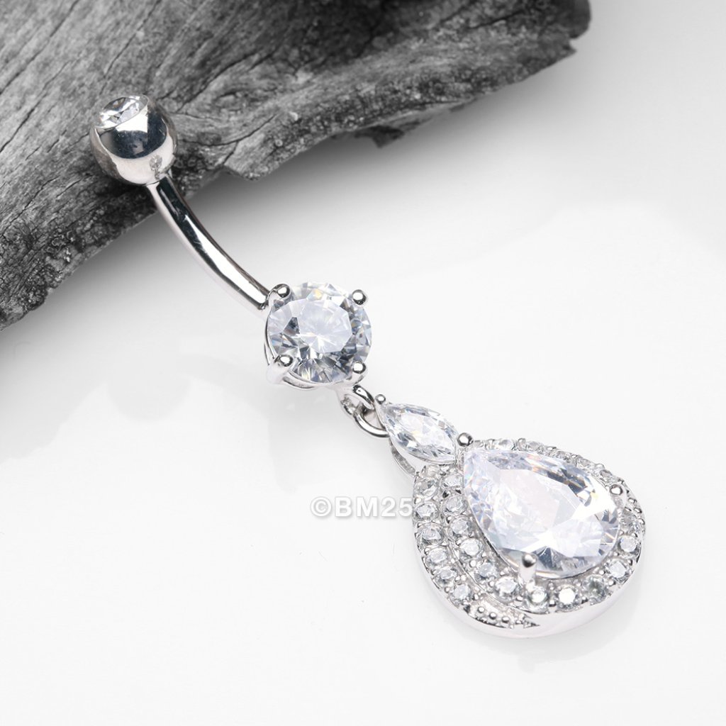 14 Karat White Gold Triple Tiered Magnificent Sparkles Teardrop Belly Ring 405$